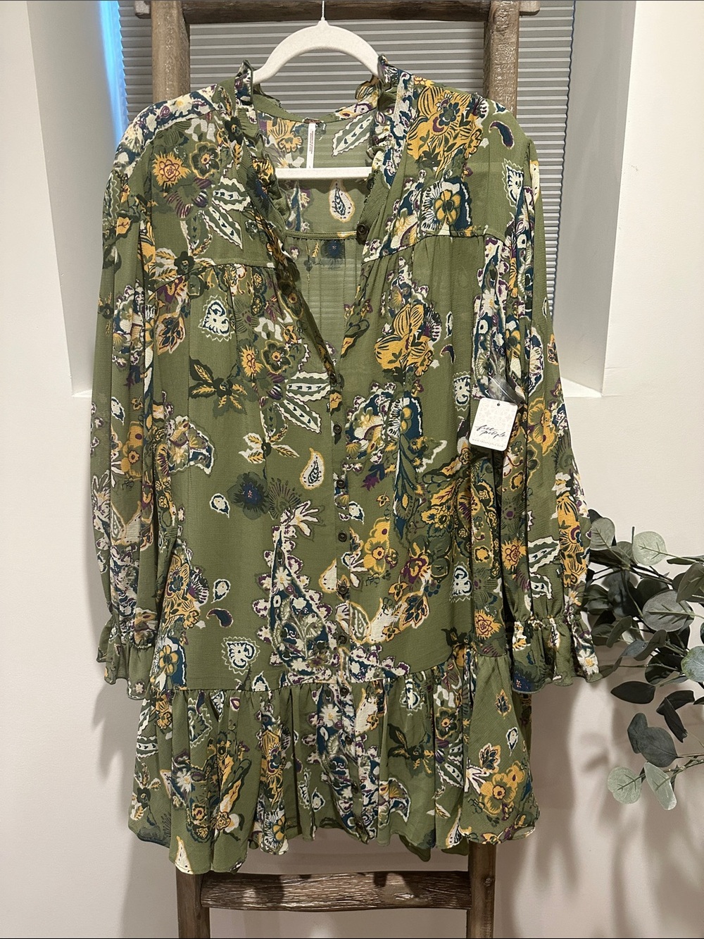 Free People Olive Green Floral Long Sleeve Ruffle Hem Dress